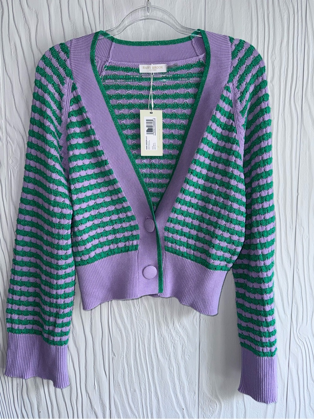 NEW RAMY BROOK Kiera Cardigan in Striped Lilac & Green Sz: M, Summer Knit